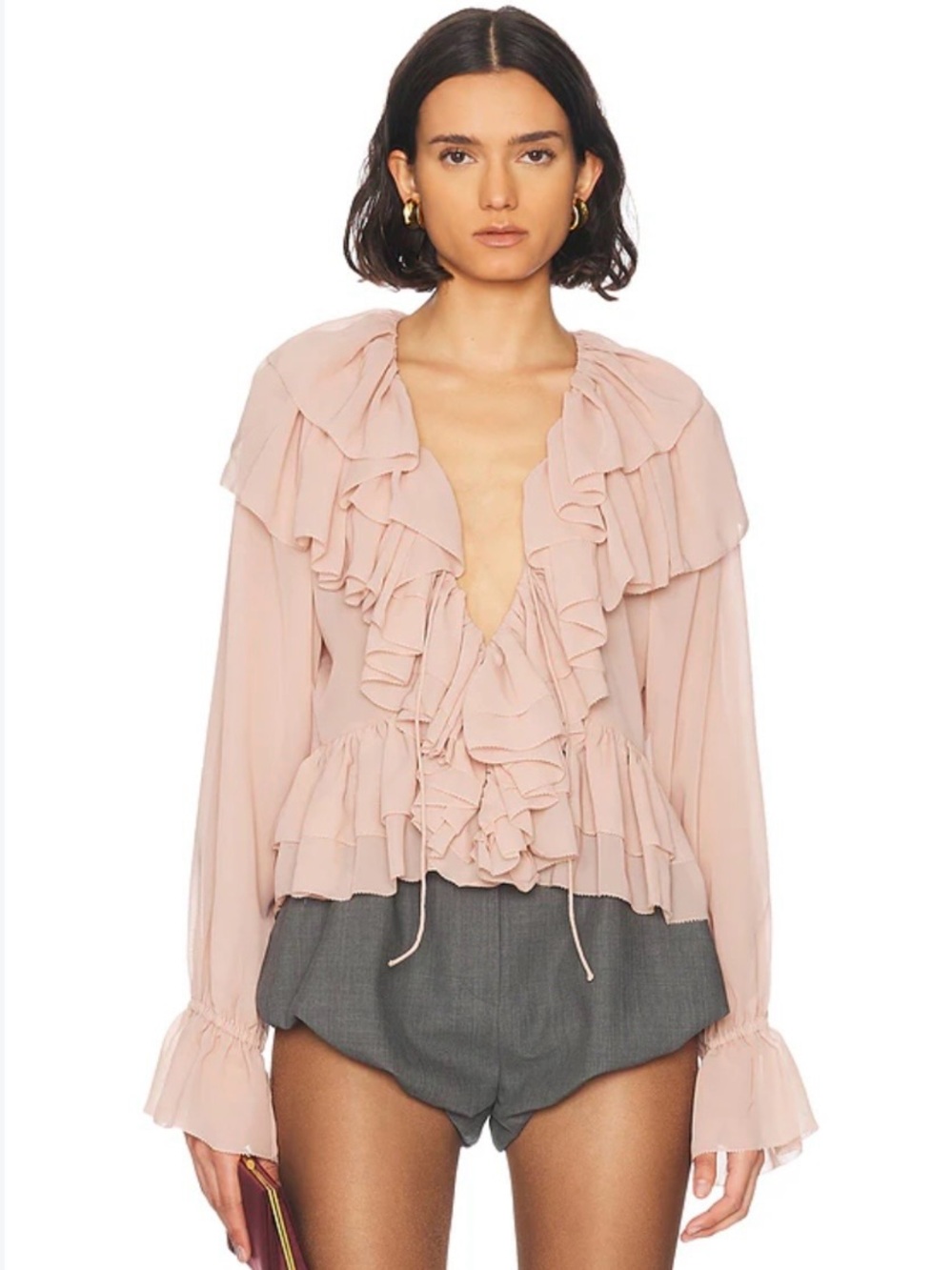 NEW Torn by Ronny Kobo Rhea Soraya Blush Ruffle Deep V Neck Blouse size small